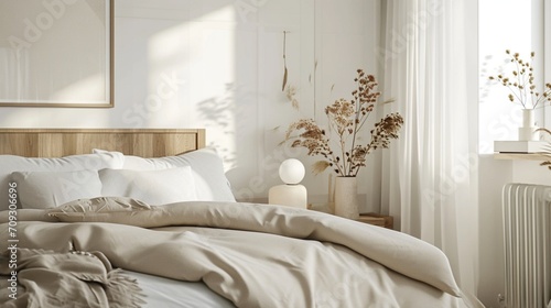 Pastel beige and grey bedding on bed. Minimalist  french country interior design of modern bedroom.
