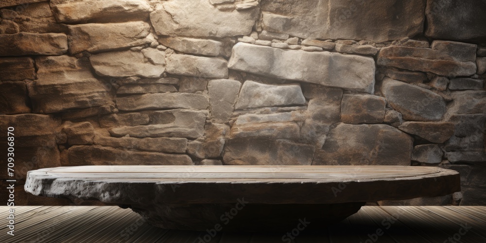 Utilize ancient stone wall and empty table for product display montage ...
