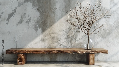 Solid wood rustic bench and glass vase with branch against grunge concrete wall. Loft interior design of modern home entryway.