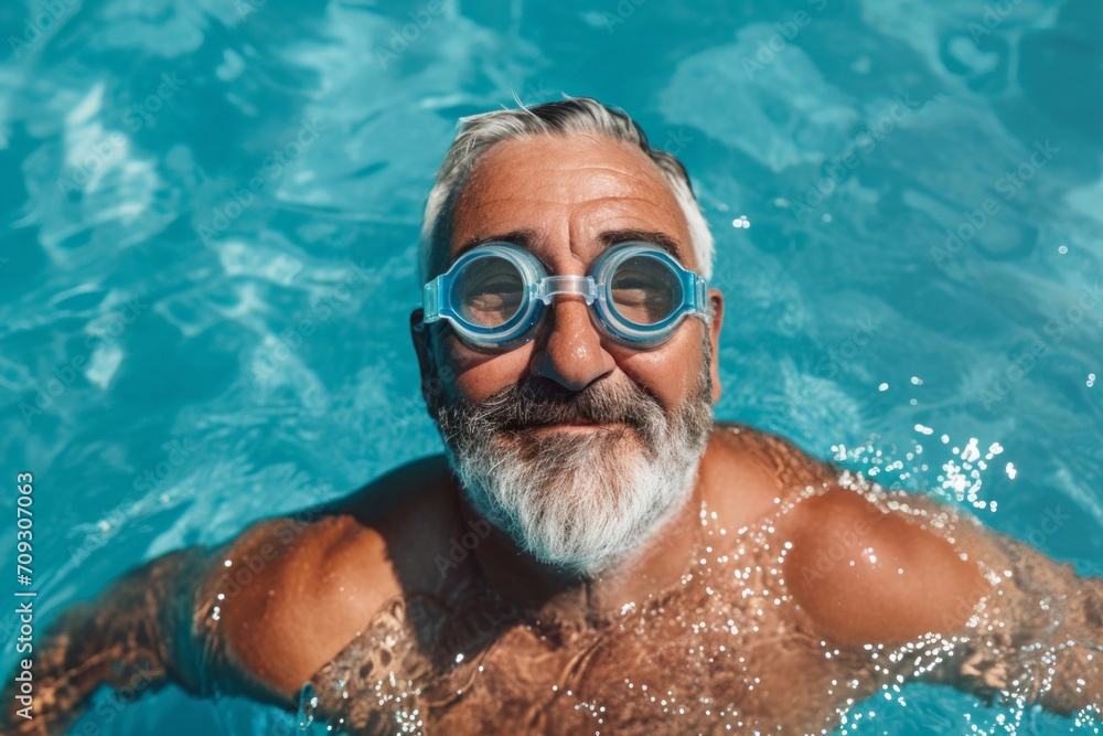 Fototapeta premium A bearded mature man is swimming in the pool wearing swimming goggles. water sports, water treatments.