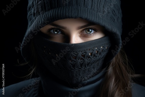 The girl in the hat and scarf covered her face, leaving only her eyes. portrait. protection from the cold.
