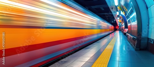 Motion blur of train speeding outdoors in subway.