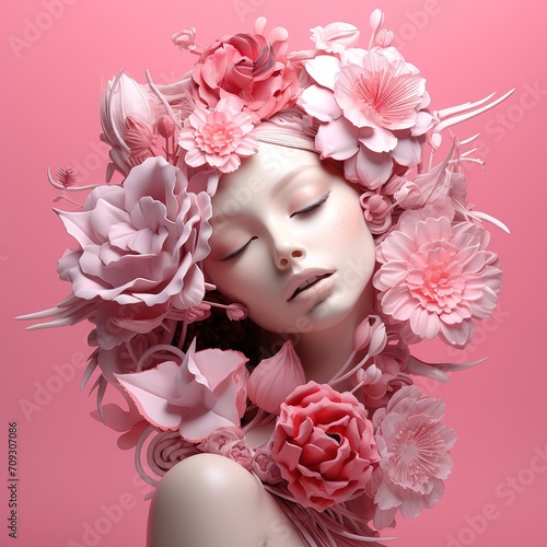 3d rendering of a beautiful woman with pink flowers in her hair, Ai Generated