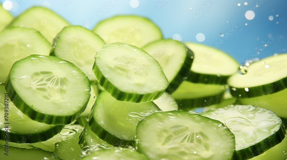 Cucumber slices in water with splashes on a plai background for skin care and cosmetics ingredients Cucumber slices in water with splashes on a plai background for skin care and cosmetics ingredients