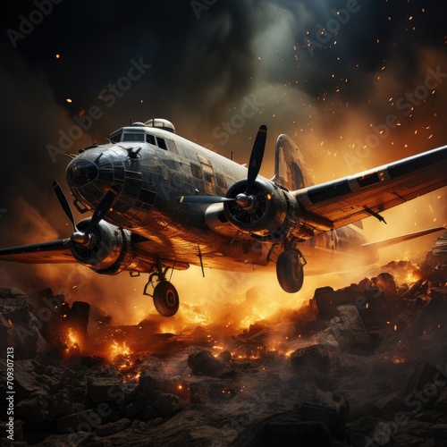 Plane crash. Military plane crash. The plane is on fire and smoke. Military aviation explosion. The plane flies over the fire. War, terrorist attack, terrorist attack, military action. Generative ai
