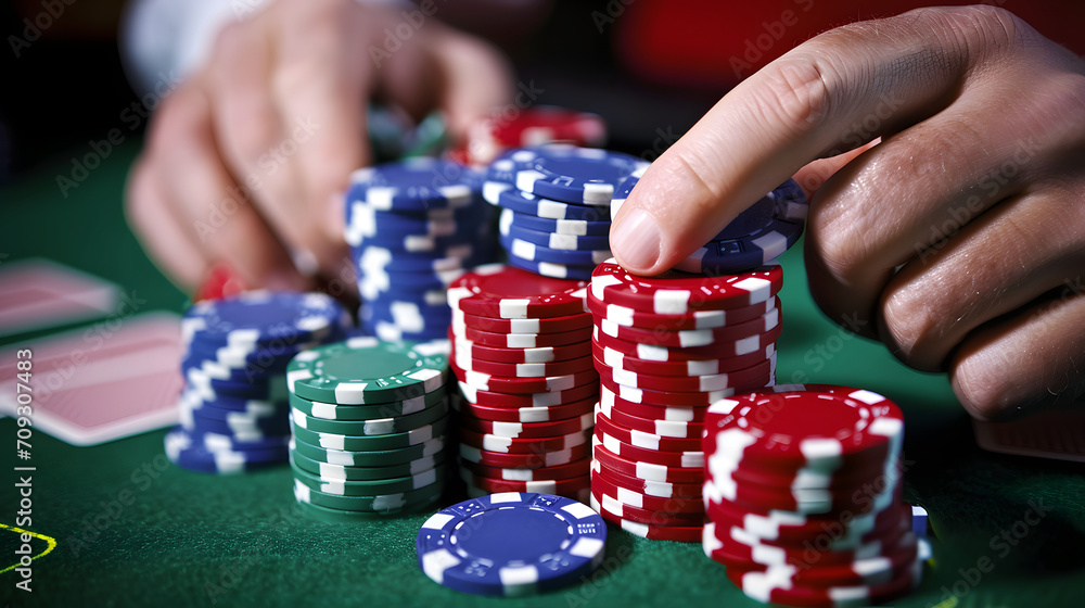 Poker Player Stacking Chips at Casino Table High Stakes Gambling Concept