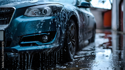 Luxury Car During Professional Wash Evening Lights Reflecting on Wet Surface