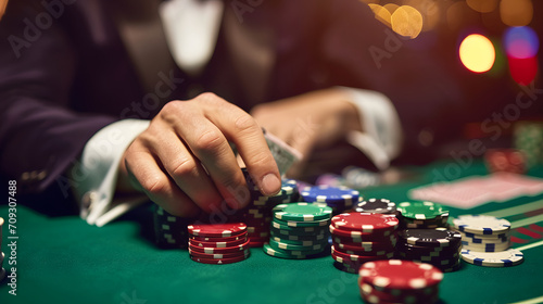 Poker Player Stacking Chips at Casino Table High Stakes Gambling Concept