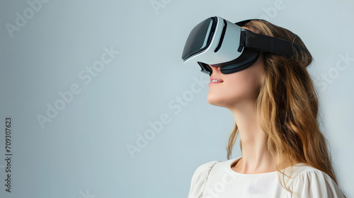 Woman Experiencing Virtual Reality Technology Modern VR Headset