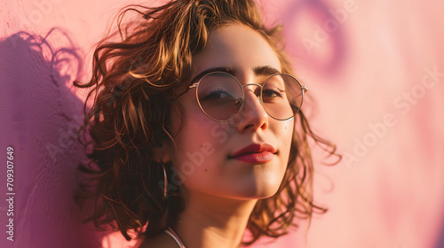 Stylish Young Woman with Glasses Pink Wall Summer Vibes