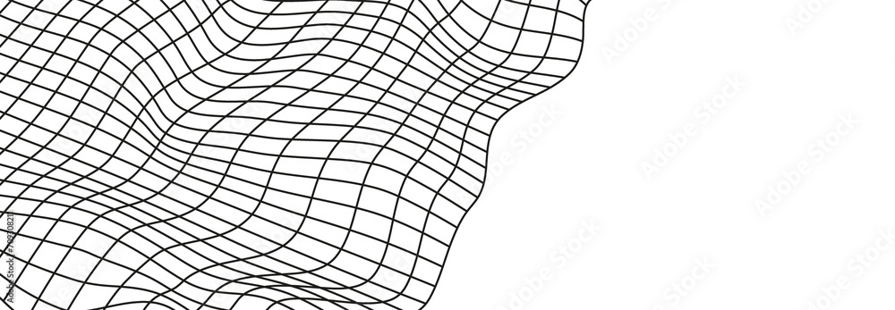Illustration of a black fishing or football net.Checkered wavy background in doodle style. - obrazy, fototapety, plakaty 