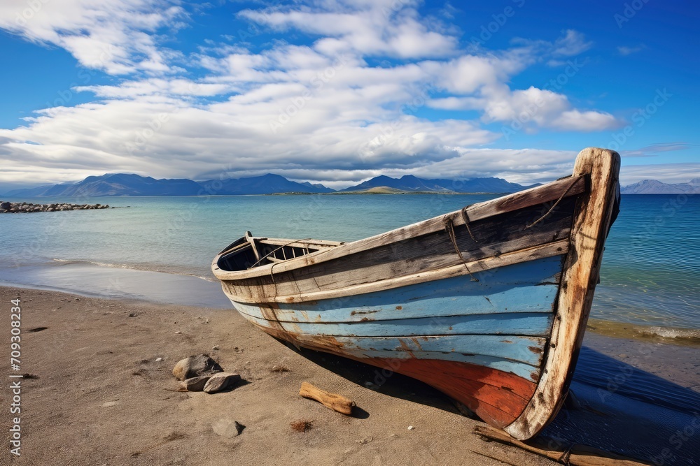 An old wooden boat with blue and red paint rests on a sandy beach, with calm blue waters and a mountain range in the background under a sky dotted with clouds
