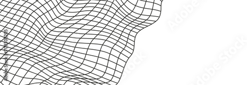 Illustration of a black fishing or football net.Checkered wavy background in doodle style.
