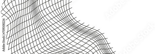 Illustration of a black fishing or football net.Checkered wavy background in doodle style.
