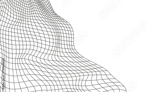 Illustration of a black fishing or football net.Checkered wavy background in doodle style.