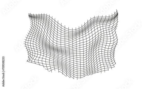 Illustration of a black fishing or football net.Checkered wavy background in doodle style.