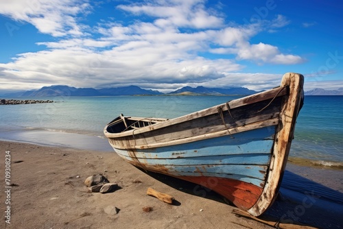 An old wooden boat with blue and red paint rests on a sandy beach  with calm blue waters and a mountain range in the background under a sky dotted with clouds