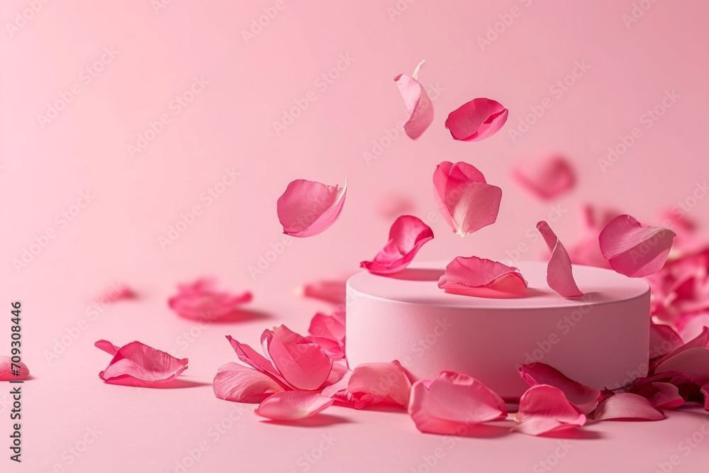 Luxury pink product presentation with falling rose petals. Luxury pink product presentation with falling rose petals.