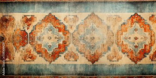 Abstract ornamental rug design with ethnic influences, aged appearance photo