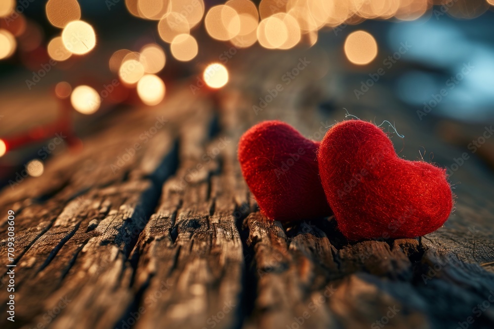 Fototapeta premium Close-up of red hearts on wooden board with lights
