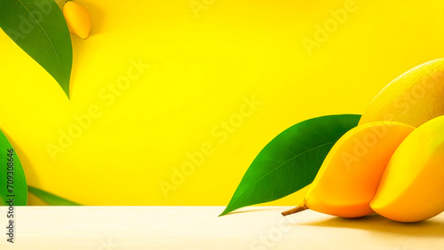 Mango with green leaves on a yellow background. Banner with ripe Mango fruits, with Copy Space