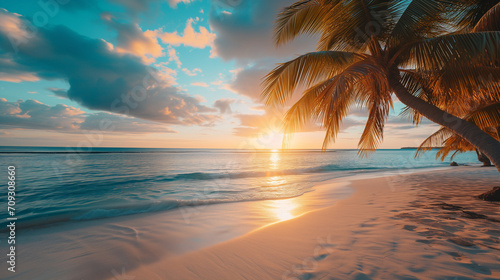 Paradise Awaits: Tropical Beach at Sunset with Palm Trees © John
