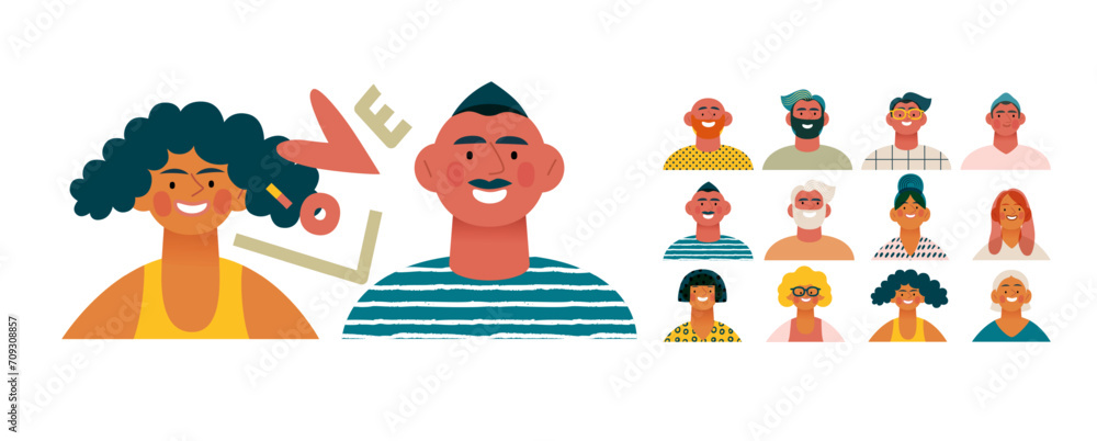 Fototapeta premium Valentine: Spectrum of Love - modern flat vector concept illustration of a vibrant array of individual portraits celebrating love's diverse expressions. Metaphor for the universal language of love