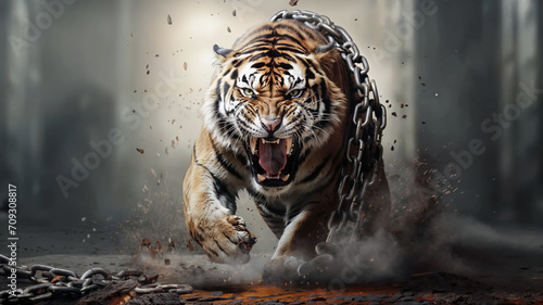 angry roaring tiger frees himself from chains