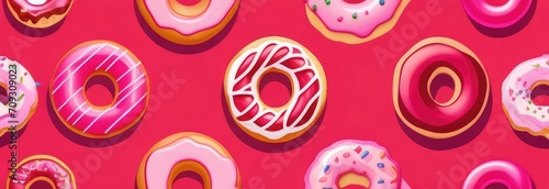 Donuts decorated red, pink icing, sugar sprinkles on bright pink background top view. Valentine Day concept greeting card concept. Delicious dessert, pastry and bakery element. Cartoon flat style.