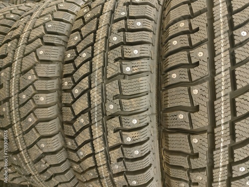 new automotive winter studded rubber treads close-up