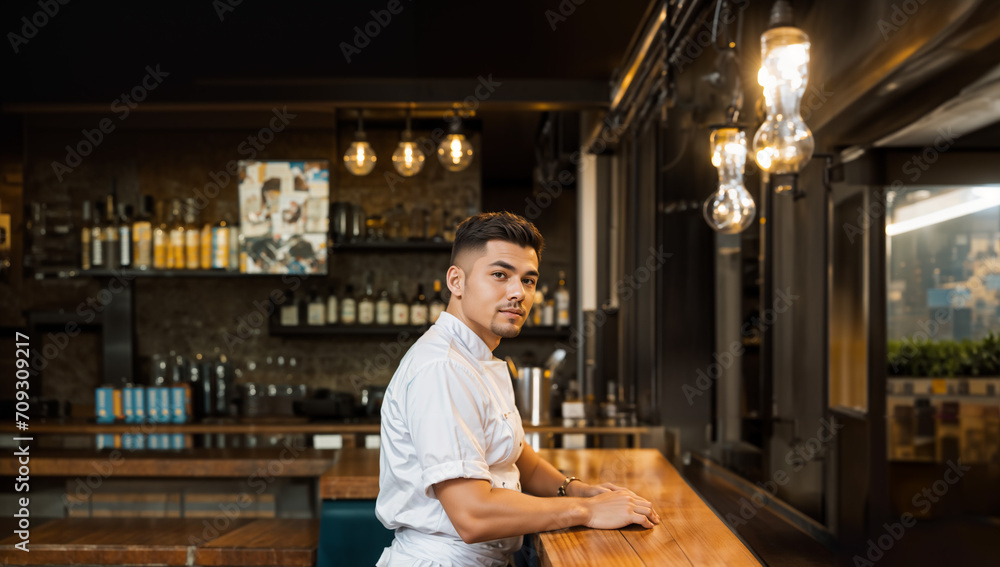 Chef Standing at Cozy Bar Looking at Camera Chef Standing at Cozy Bar Looking at Camera