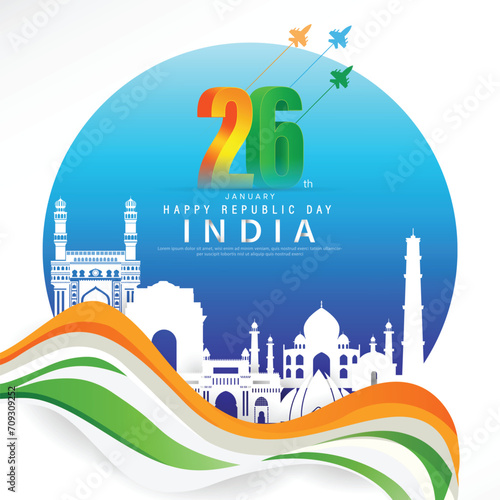 26 th January Indian Republic Day poster template design with Indian flag and silhouette of Indian monument.
