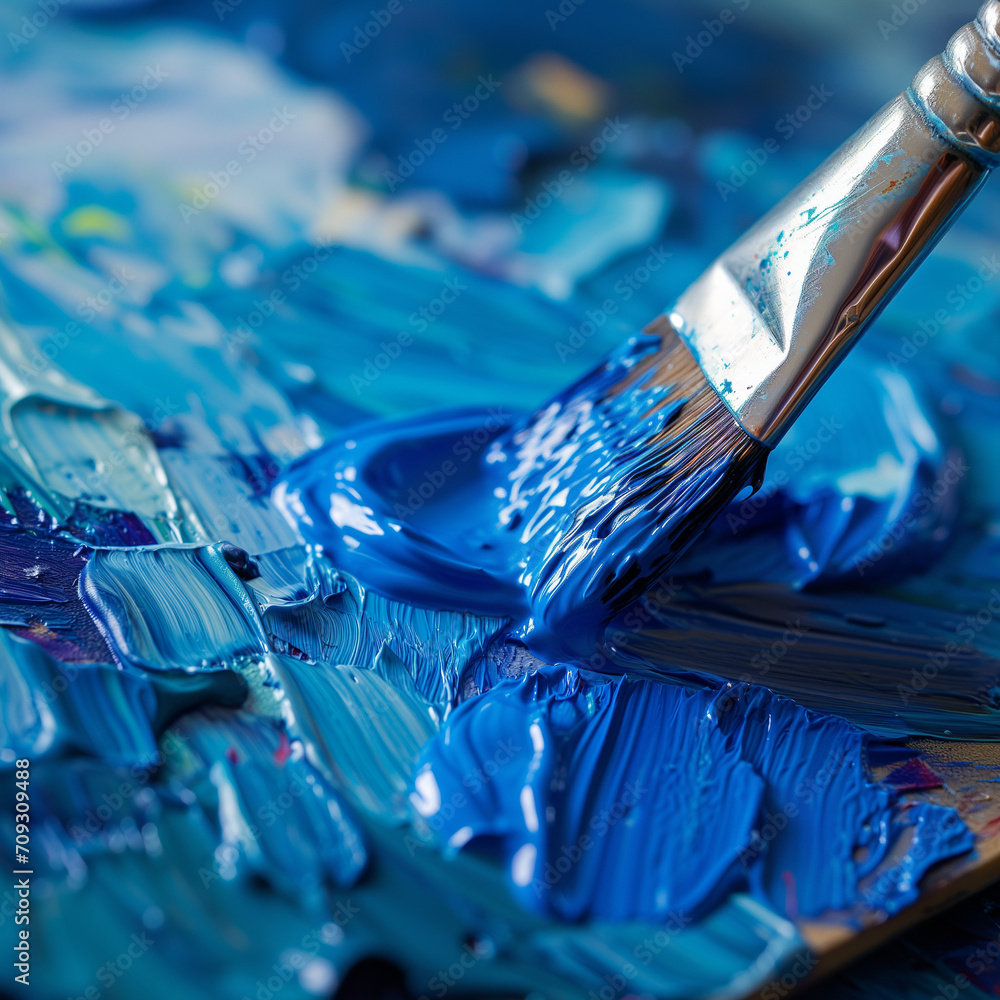 Blue paint being mixed on a palette, Close-up of the blending of ...