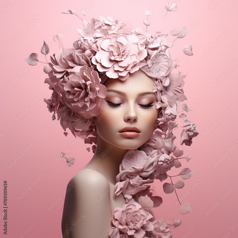 Portrait of a beautiful young woman with pink flowers in her hair, Ai Generated Portrait of a beautiful young woman with pink flowers in her hair, Ai Generated