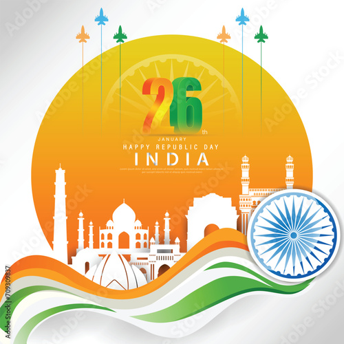 26 th January Indian Republic Day poster template design with Indian flag and silhouette of Indian monument.