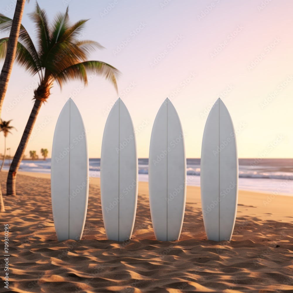 Blank White Mockup of Surfboards on the beach. Mockup. Editable Template. Surfboards on the beach. Vacation Concept.	