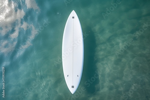 Top view of white surfboard floating on the sea, aerial view. Mockup. Editable Template. Surfboards on the beach. Vacation Concept.  © John Martin
