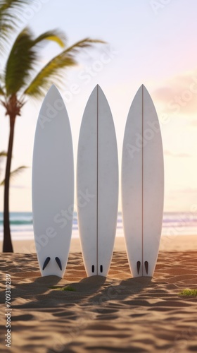 Blank White Mockup of Surfboards on the beach. Mockup. Editable Template. Surfboards on the beach. Vacation Concept.  © John Martin