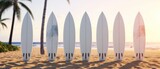 Surfboards on the beach at sunset. Mockup. Editable Template. Surfboards on the beach. Vacation Concept.	