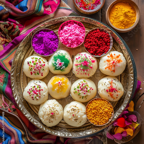 traditional Holi sweets, like sweet dumplings made from dried fruits, suji, and sweet khoya, in an appealing and mouth-watering way. 