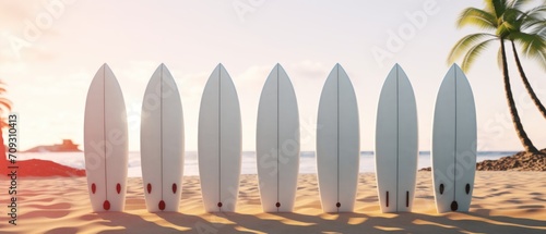 Blank White Mockup of Surfboards on the beach. Mockup. Editable Template. Surfboards on the beach. Vacation Concept. 