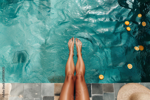 Closeup of beautiful female legs in water of a pool summer concept