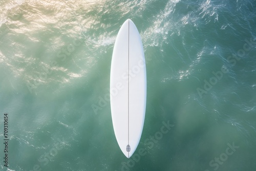 Top view of white surfboard floating on the sea, aerial view. Mockup. Editable Template. Surfboards on the beach. Vacation Concept.  © John Martin