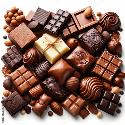 Various chocolates, bonbons and sweets on a white background