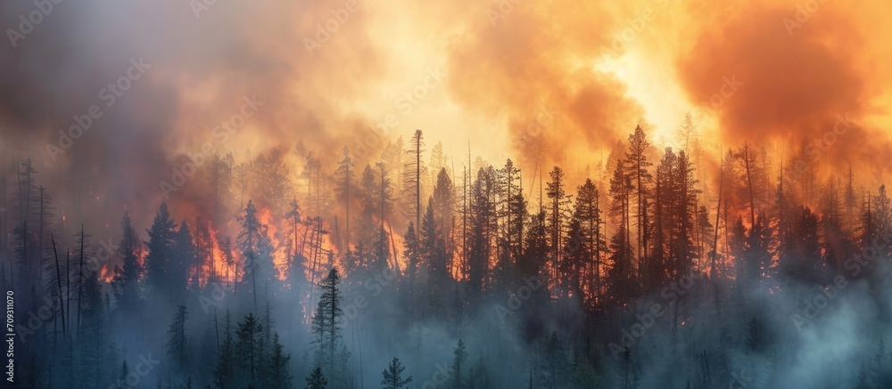 Forest trees are ablaze, causing dense smoke to rise.