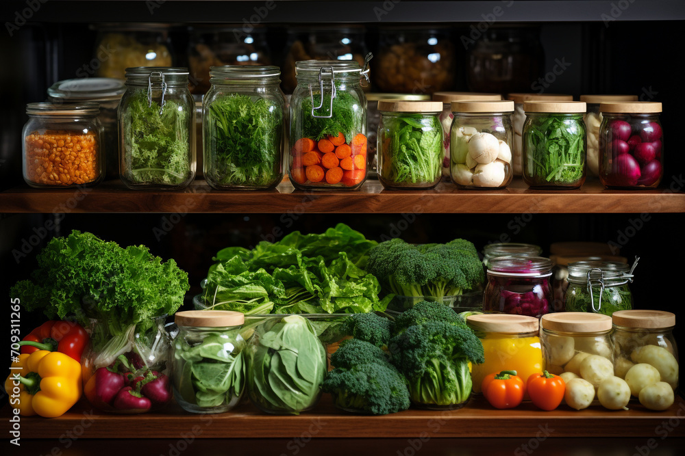 Preserves vegetables in glass jars on kitchen shelf. Healthy life concept. Preserves vegetables in glass jars on kitchen shelf. Healthy life concept.