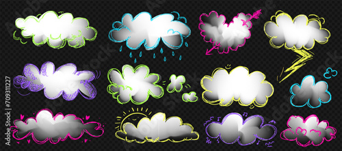 clouds Simple white clouds with halftone texture set. Cute and kawaii elements collection on transparent bg like a png. Vector naive art illustration.