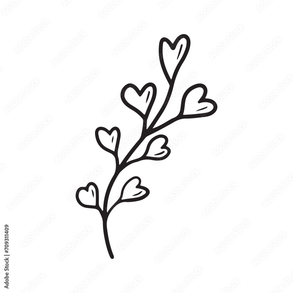 Abstract cute branch with heart shaped leaves in black isolated on white background. Hand drawn vector sketch illustration in doodle vintage engraved outline, line art style. Love, botanical.