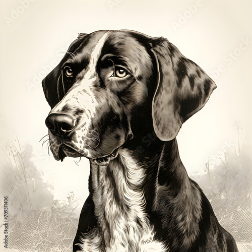 vintage German Shorthaired pointer female illustration black & white, in the style of hand-drawn animation, detailed engraving, giorgione, meditative color contrasts, edward poynter, optical illusio photo