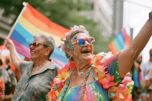 Elderly people Proudly Participating in Pride Parade  Celebrating LGBT Rights and Community Unity with Joy and Vibrancy.
